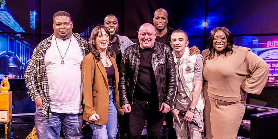 The Big Narstie Show. Image shows from L to R: Big Narstie, Natalie Cassidy, Mo Gilligan, Shaun Ryder, Michael Page, ArrDee, Judi Love