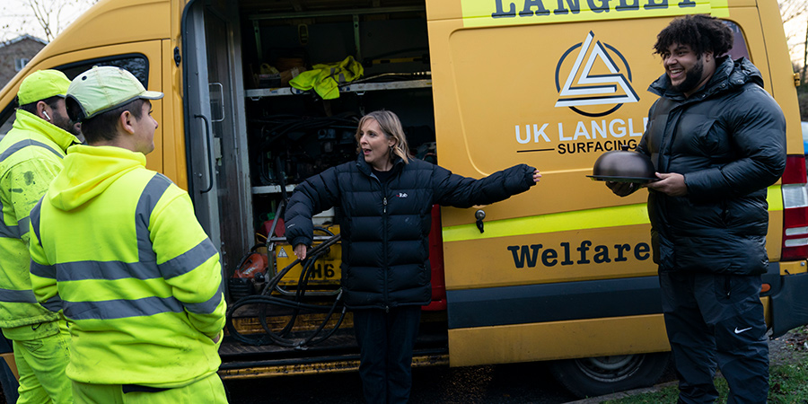 Big Zuu's Big Eats. Image shows from L to R: Mel Giedroyc, Big Zuu