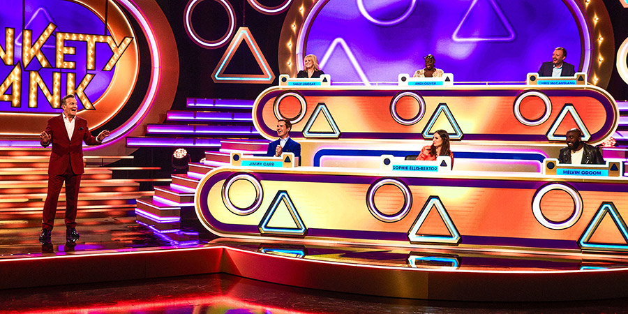 Blankety Blank. Image shows from L to R: Bradley Walsh, Jimmy Carr, Sally Lindsay, Andi Oliver, Sophie Ellis-Bextor, Chris McCausland, Melvin Odoom. Copyright: Thames