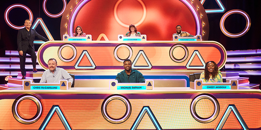 Blankety Blank. Image shows left to right: Bradley Walsh, Chris McCausland, Kym Marsh, Michael Dapaah, Jenny Ryan, Babatunde Aléshé, Chizzy Akudolu