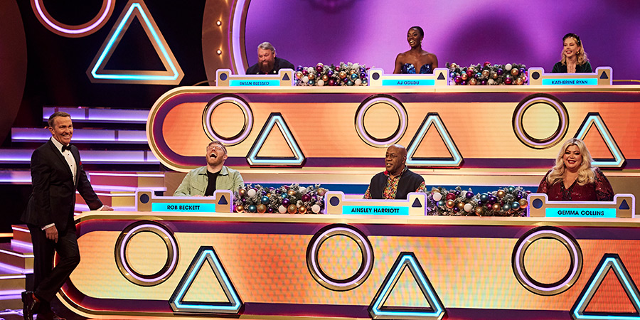 Blankety Blank. Image shows left to right: Bradley Walsh, Rob Beckett, Brian Blessed, Ainsley Harriott, AJ Odudu, Katherine Ryan, Gemma Collins