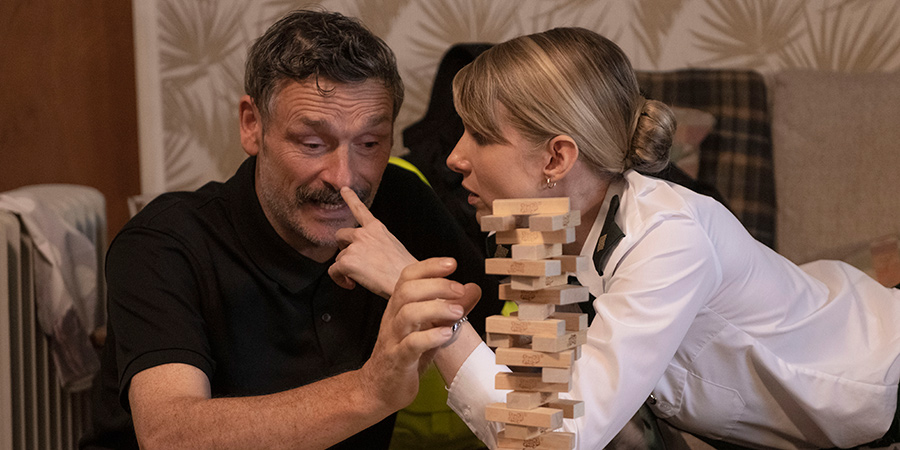 Bloods. Image shows from L to R: Lawrence (Julian Barratt), Jo (Lucy Punch). Copyright: Roughcut Television