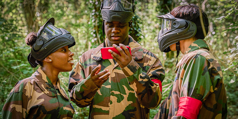 Boarders. Image shows left to right: Leah (Jodie Campbell), Jaheim (Josh Tedeku), Xiang (Zheng Xi Yong)