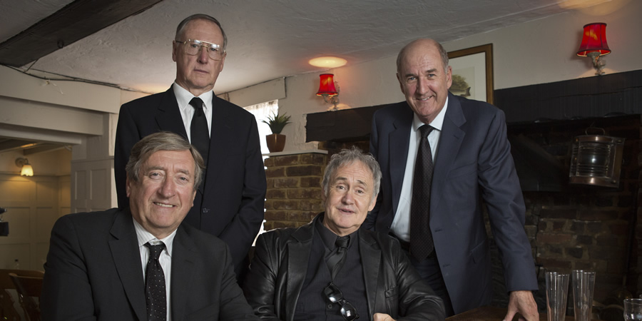 Boomers. Image shows from L to R: Alan (Philip Jackson), Trevor (James Smith), Mick (Nigel Planer), John (Russ Abbot). Copyright: Hat Trick Productions