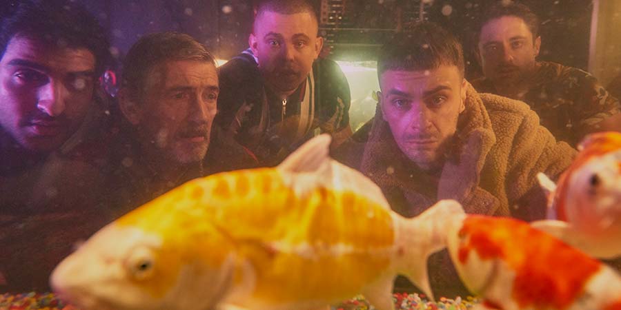 Brassic. Image shows from L to R: JJ (Parth Thakerar), Fish Buyer (Glenn Cunningham), Ash (Aaron Heffernan), Vinnie (Joe Gilgun), Tommo (Ryan Sampson). Copyright: Calamity Films