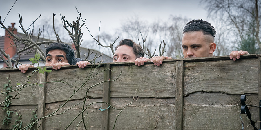 Brassic. Image shows from L to R: JJ (Parth Thakerar), Tommo (Ryan Sampson), Ash (Aaron Heffernan)