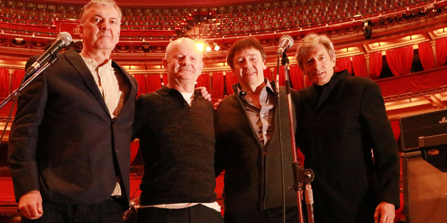 Thotch at the Royal Albert Hall for their Brian Pern tribute concert. Image shows from L to R: John (David Cummings), Mike Phillips (Philip Pope), Pat Quid (Paul Whitehouse), Tony Pebblé (Nigel Havers). Copyright: BBC