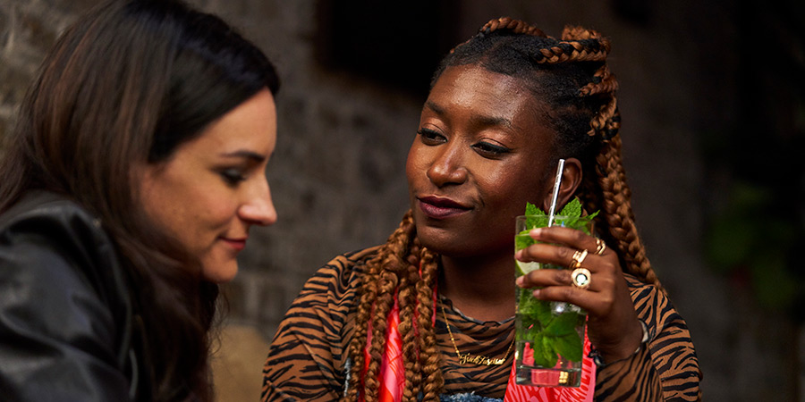 Buffering. Image shows left to right: Thalia (Janine Harouni), Ayeisha (Sophie Duker) Buffering. Image shows left to right: Thalia (Janine Harouni), Ayeisha (Sophie Duker)