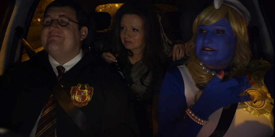 Car Share. Image shows from L to R: John Redmond (Peter Kay), Kayleigh Kitson (Sian Gibson), Elsie (Conleth Hill). Copyright: Goodnight Vienna Productions