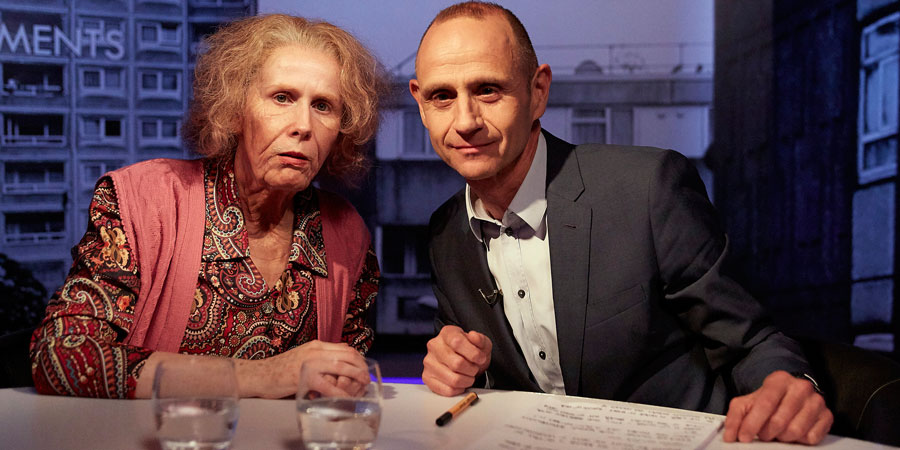 Catherine Tate's Nan. Image shows from L to R: Nan (Catherine Tate), Evan Davis. Copyright: Tiger Aspect Productions