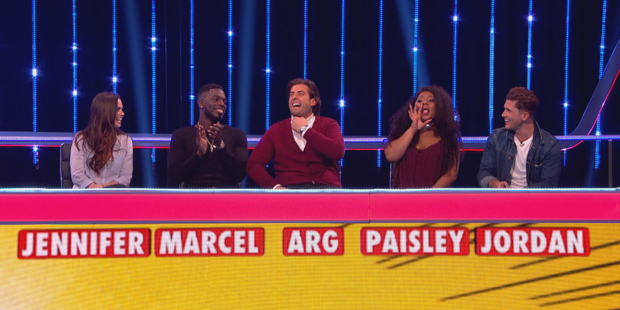 CelebAbility. Image shows from L to R: Jennifer Metcalfe, Marcel Somerville, James Argent, Paisley Billings, Jordan Davies. Copyright: Potato