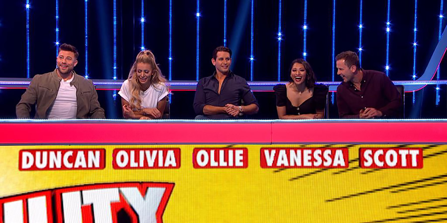 CelebAbility. Image shows from L to R: Duncan James, Olivia Attwood, Ollie Locke, Vanessa White, Scott Mills. Copyright: Potato