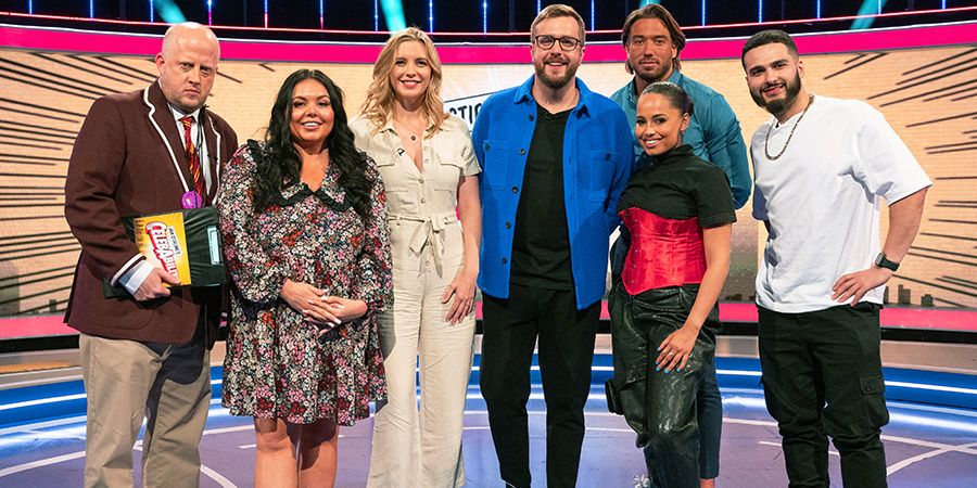 CelebAbility. Image shows from L to R: Marek Larwood, Scarlett Moffatt, Rachel Riley, Iain Stirling, James Lock, Amber Gill, Kae Kurd. Copyright: Potato