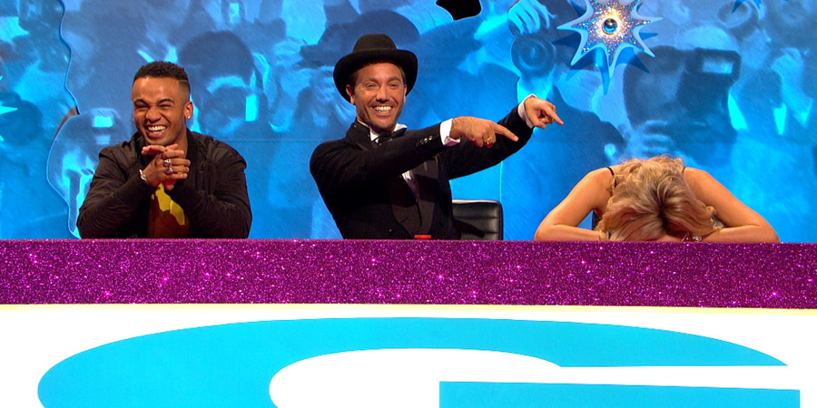 Celebrity Juice. Image shows from L to R: Aston Merrygold, Gino D'Acampo, Stephanie Pratt. Copyright: Talkback