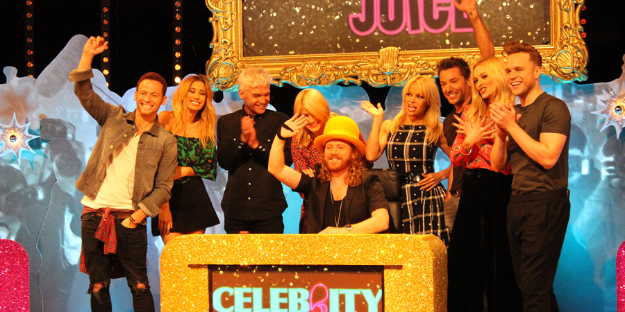 Celebrity Juice. Image shows from L to R: Joe Swash, Stacey Solomon, Phillip Schofield, Holly Willoughby, Leigh Francis, Pamela Anderson, Gino D'Acampo, Fearne Cotton, Olly Murs