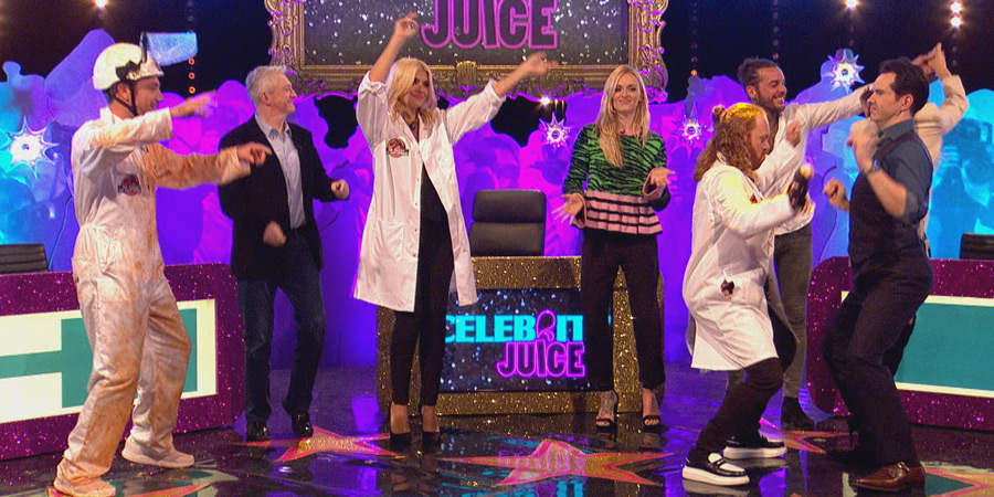 Celebrity Juice. Image shows from L to R: Gino D'Acampo, Louis Walsh, Holly Willoughby, Fearne Cotton, Leigh Francis, Pete Wicks, Jimmy Carr. Copyright: Talkback