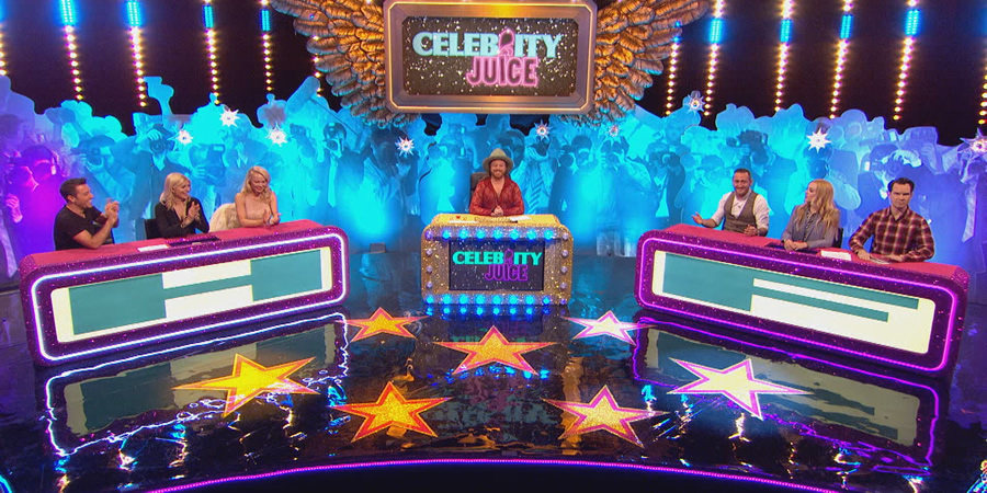 Celebrity Juice. Image shows from L to R: Gino D'Acampo, Holly Willoughby, Pamela Anderson, Leigh Francis, Will Mellor, Fearne Cotton, Jimmy Carr