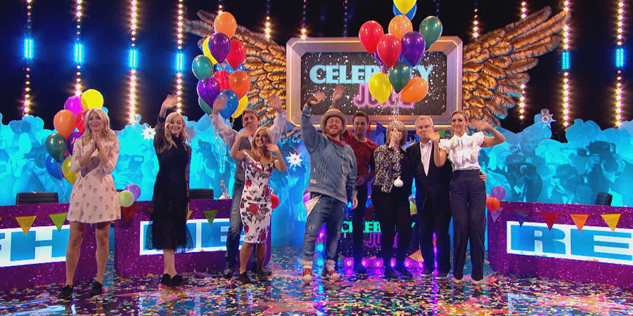 Celebrity Juice. Image shows from L to R: Holly Willoughby, Leigh Francis, Nik Speakman, Eva Speakman, Gino D'Acampo, Ruth Langsford, Eamonn Holmes, Catherine Tyldesley