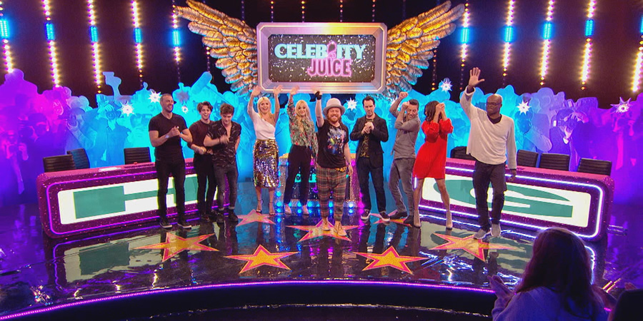 Celebrity Juice. Image shows from L to R: Paddy McGuinness, Bradley Simpson, Connor Ball, Holly Willoughby, Fearne Cotton, Leigh Francis, Jimmy Carr, Gino D'Acampo, Jenny Powell, Kriss Akabusi