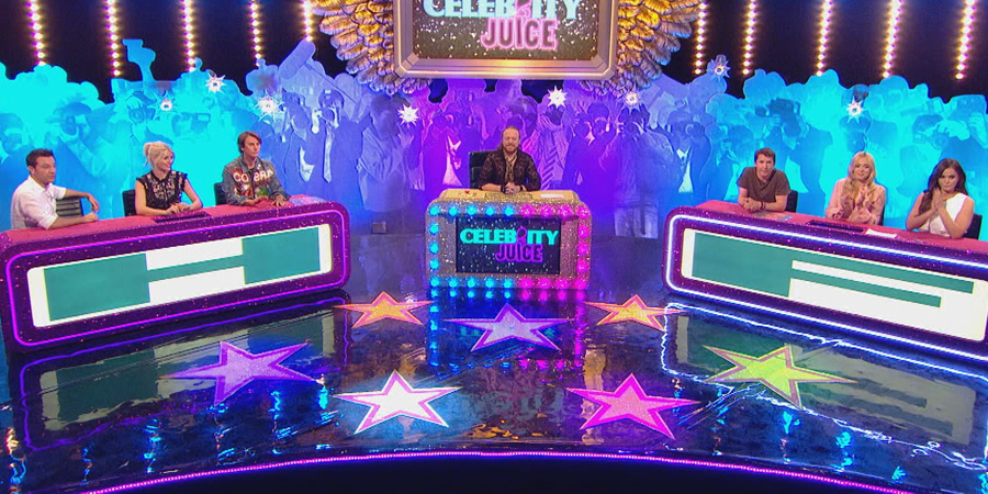 Celebrity Juice. Image shows from L to R: Gino D'Acampo, Holly Willoughby, Jonathan Cheban, Leigh Francis, James Blunt, Fearne Cotton, Vicky Pattison