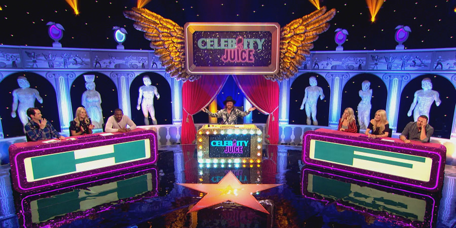 Celebrity Juice. Image shows from L to R: Jimmy Carr, Holly Willoughby, Richard Blackwood, Leigh Francis, Mollie King, Fearne Cotton, Paddy McGuinness