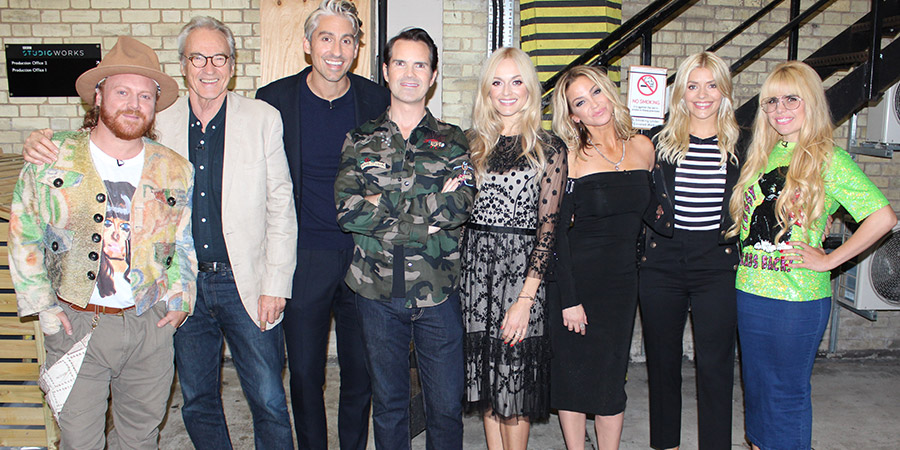 Celebrity Juice. Image shows from L to R: Leigh Francis, Larry Lamb, George Lamb, Jimmy Carr, Fearne Cotton, Sarah Harding, Holly Willoughby, Paloma Faith