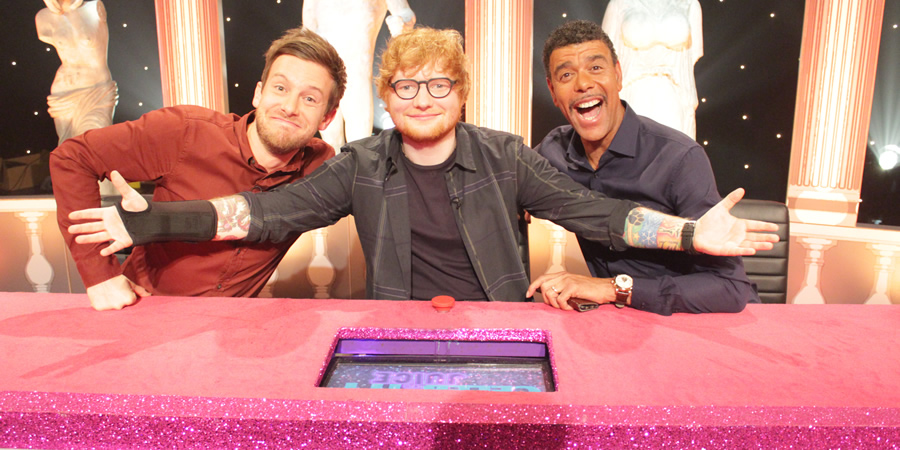 Celebrity Juice. Image shows from L to R: Chris Ramsey, Ed Sheeran, Chris Kamara