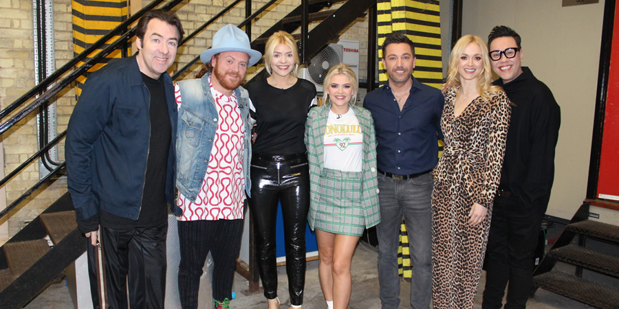 Celebrity Juice. Image shows from L to R: Jonathan Ross, Leigh Francis, Holly Willoughby, Lucy Fallon, Gino D'Acampo, Fearne Cotton, Gok Wan