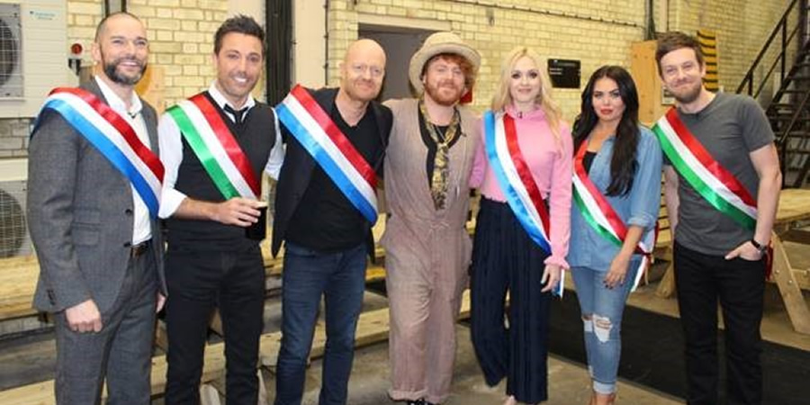 Celebrity Juice. Image shows from L to R: Fred Sirieix, Gino D'Acampo, Jake Wood, Leigh Francis, Fearne Cotton, Scarlett Moffatt, Chris Ramsey