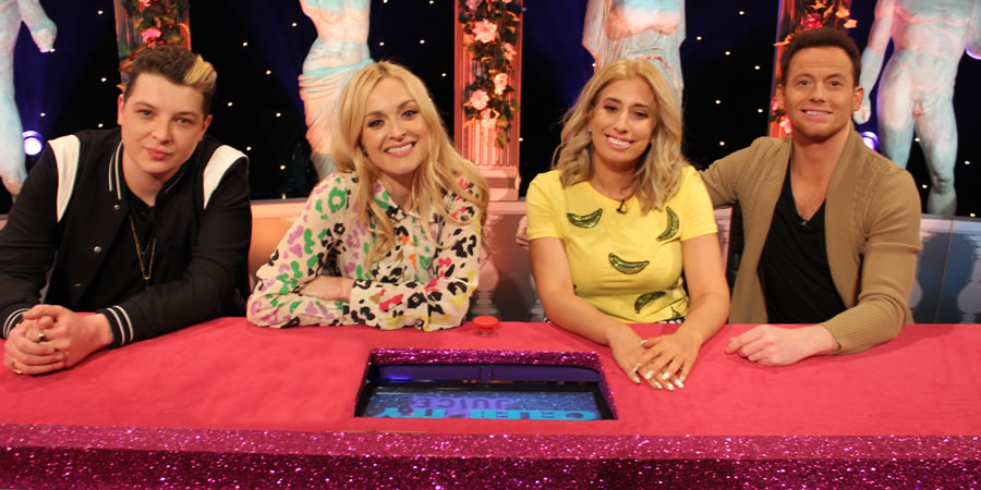 Celebrity Juice. Image shows from L to R: John Newman, Fearne Cotton, Stacey Solomon, Joe Swash