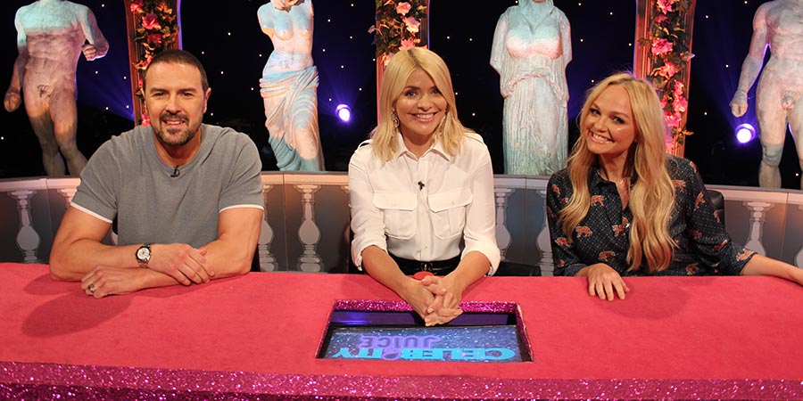 Celebrity Juice. Image shows from L to R: Paddy McGuinness, Holly Willoughby, Emma Bunton. Copyright: Talkback