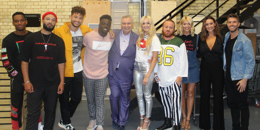 Celebrity Juice. Image shows from L to R: Jamaal Shurland, Mustafa Rahimtulla, Myles Stephenson, Ashley Fongho, Eamonn Holmes, Fearne Cotton, Leigh Francis, Holly Willoughby, Catherine Tyldesley, Joel Dommett