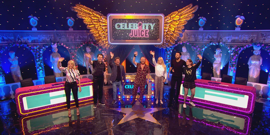 Celebrity Juice. Image shows from L to R: Holly Willoughby, Jonathan Ross, Sid Owen, Leigh Francis, Fearne Cotton, Rylan Clark-Neal, Kate Nash