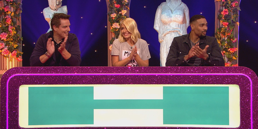 Celebrity Juice. Image shows from L to R: John Barrowman, Holly Willoughby, Jordan Banjo