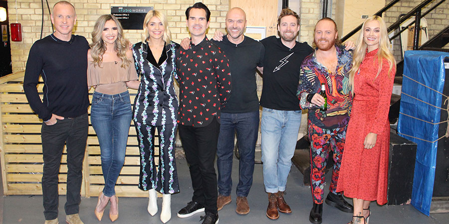 Celebrity Juice. Image shows from L to R: Tim Lovejoy, Nadine Coyle, Holly Willoughby, Jimmy Carr, Simon Rimmer, Ricky Wilson, Leigh Francis, Fearne Cotton