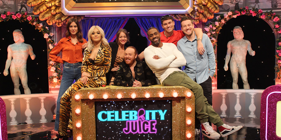 Celebrity Juice. Image shows from L to R: Alexa Chung, Rita Ora, Jaime Winstone, Leigh Francis, Richard Blackwood, Joey Essex, Chris Ramsey