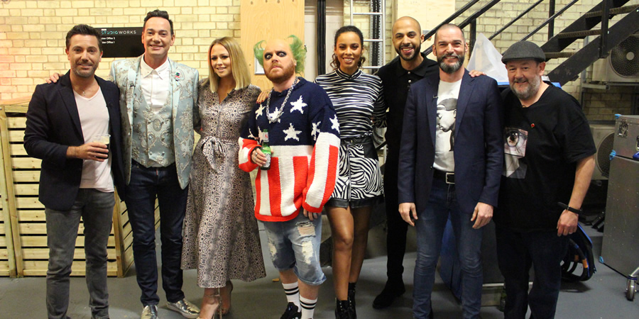 Celebrity Juice. Image shows from L to R: Gino D'Acampo, Craig Revel Horwood, Kimberley Walsh, Leigh Francis, Rochelle Humes, Marvin Humes, Fred Sirieix, Johnny Vegas