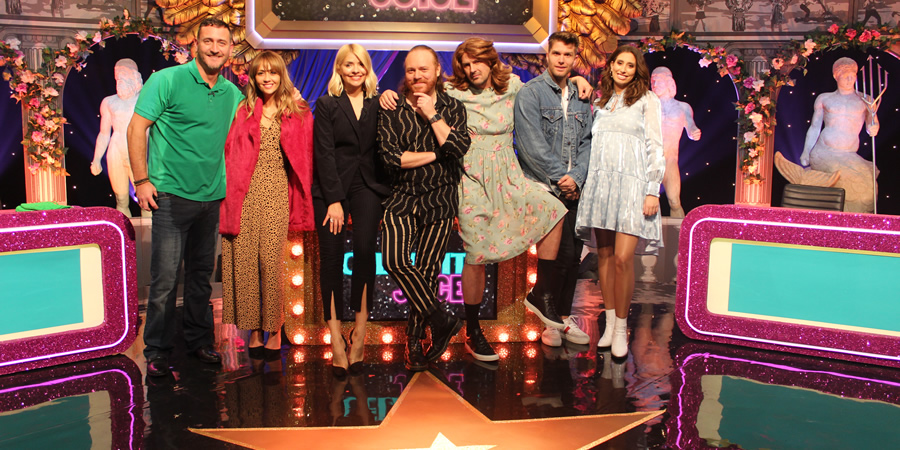 Celebrity Juice. Image shows from L to R: Will Mellor, Samia Smith, Holly Willoughby, Leigh Francis, Paddy McGuinness, Joel Dommett, Stacey Solomon