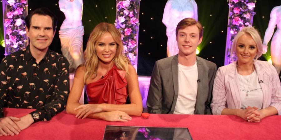 Celebrity Juice. Image shows from L to R: Jimmy Carr, Amanda Holden, Rob Mallard, Katie McGlynn