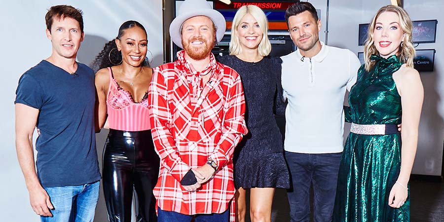 Celebrity Juice. Image shows from L to R: James Blunt, Melanie Brown, Leigh Francis, Holly Willoughby, Mark Wright, Katherine Ryan. Copyright: Talkback