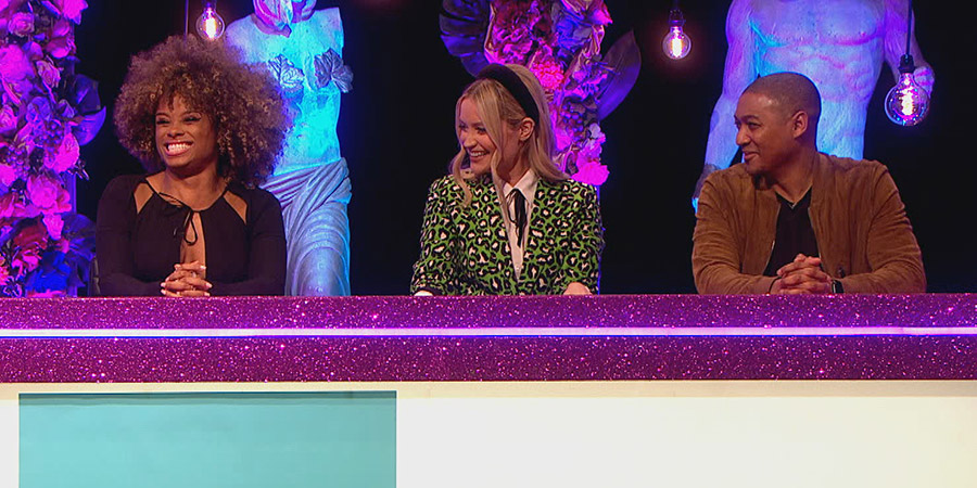 Celebrity Juice. Image shows from L to R: Fleur East, Laura Whitmore, Rickie Haywood Williams. Copyright: Talkback Productions