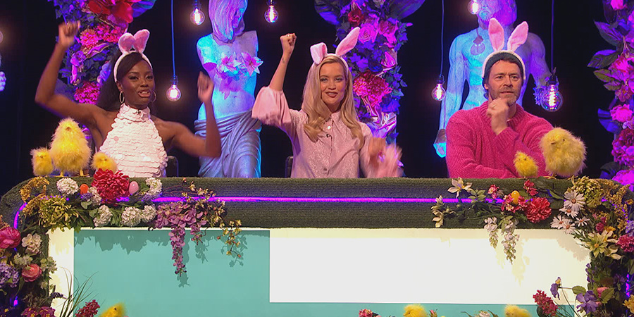 Celebrity Juice. Image shows from L to R: AJ Odudu, Laura Whitmore, Howard Donald