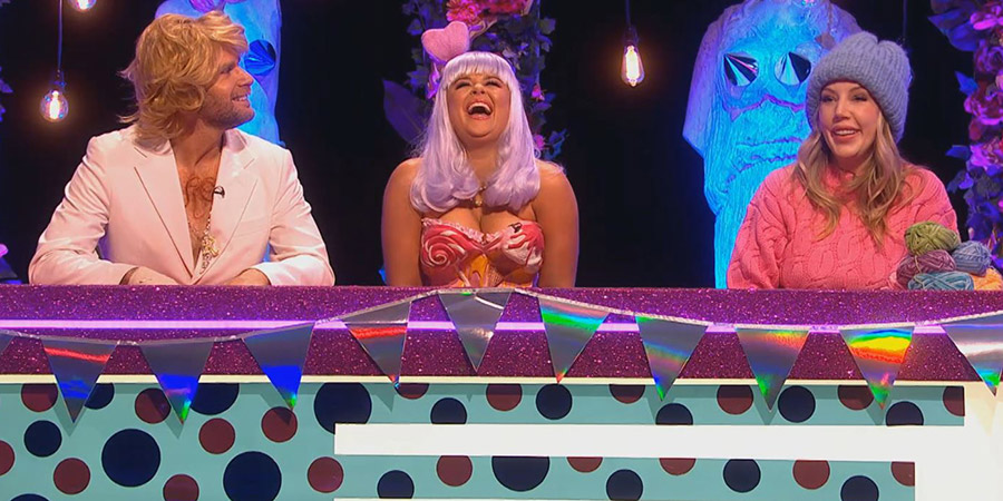 Celebrity Juice. Image shows from L to R: Joel Dommett, Emily Atack, Katherine Ryan. Copyright: Talkback