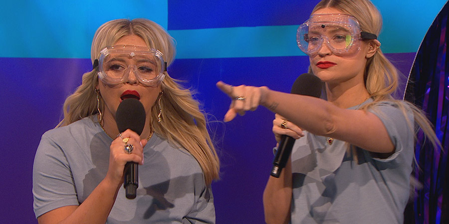 Celebrity Juice. Image shows from L to R: Emily Atack, Laura Whitmore. Copyright: Talkback