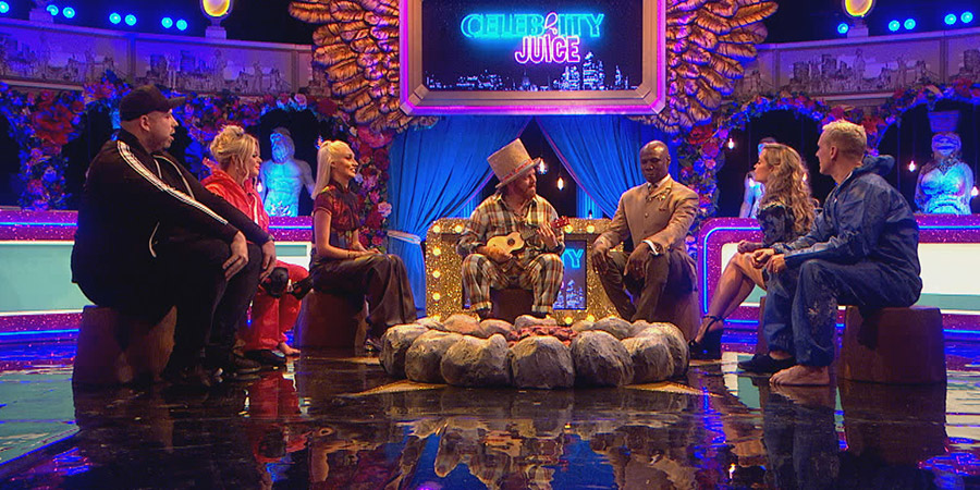 Celebrity Juice. Image shows from L to R: DJ Majestic, Emily Atack, Megan McKenna, Leigh Francis, Chris Eubank, Laura Whitmore, Jamie Laing. Copyright: Talkback