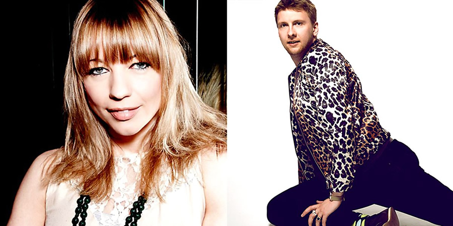 Chain Reaction. Image shows from L to R: Sara Cox, Joe Lycett. Copyright: BBC