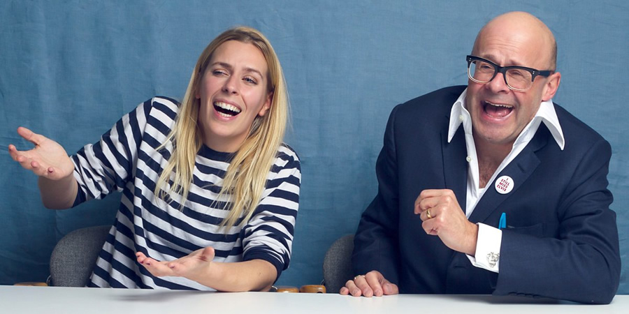 Chain Reaction. Image shows from L to R: Sara Pascoe, Harry Hill. Copyright: BBC