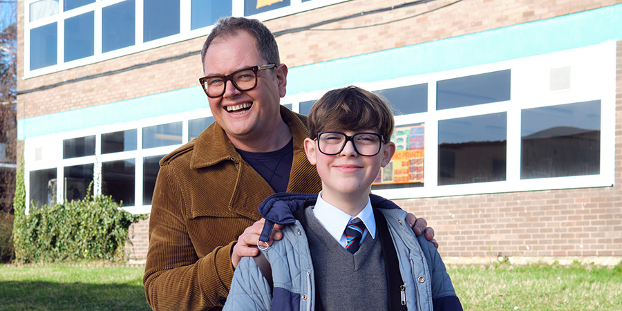 Changing Ends. Image shows left to right: Present Day Alan (Alan Carr), Young Alan Carr (Oliver Savell)