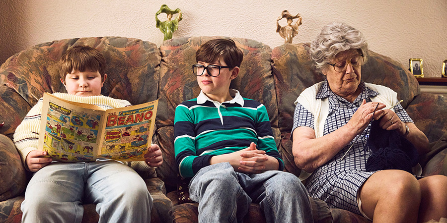 Changing Ends. Image shows left to right: Gary Carr (Taylor Fay), Young Alan Carr (Oliver Savell), Nan (Maggie Steed)