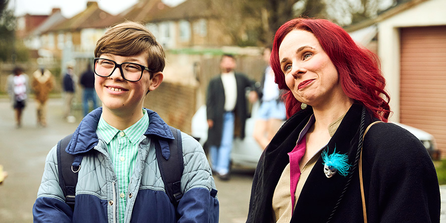 Changing Ends. Image shows left to right: Young Alan Carr (Oliver Savell), Miss Gideon (Cariad Lloyd)